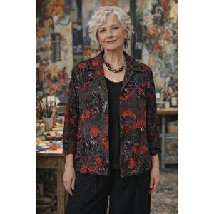 Chico’s Chicos Open Front Blazer Jacket Artsy Frayed Fabric Patches Boxy Sz XL